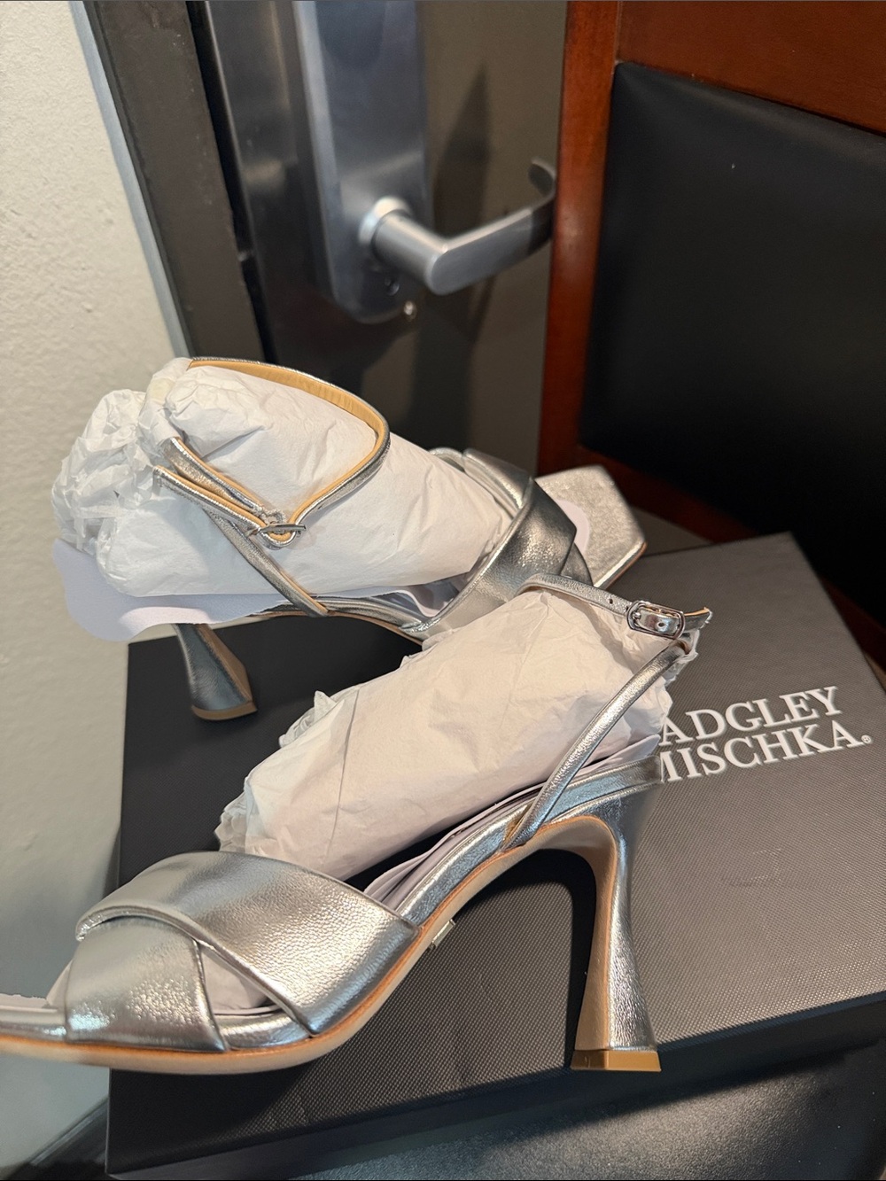 Badgley Mischka Metallic Silver Open-Toe Slingback Heels
